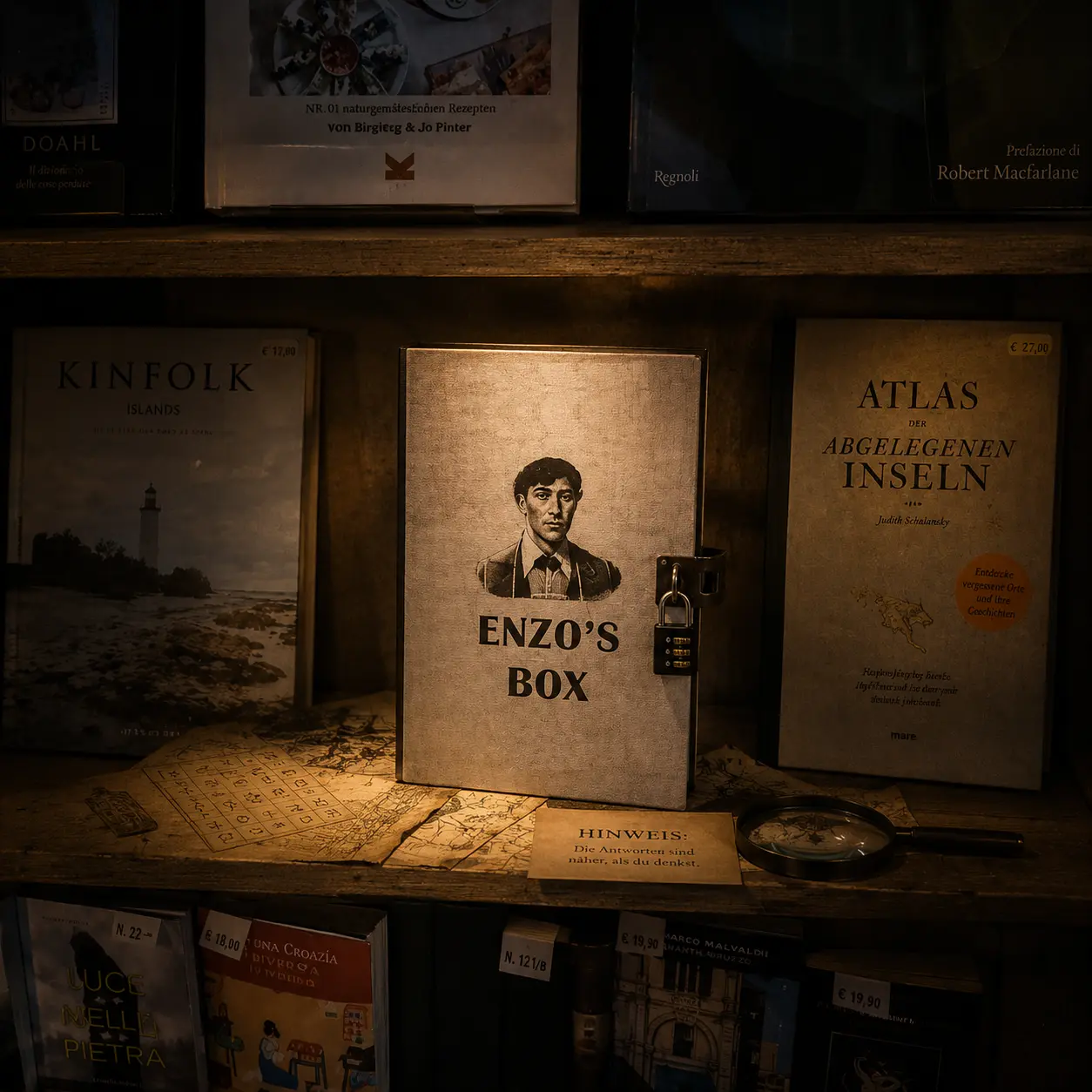 Enzo's Box puzzle prop in a bookshop