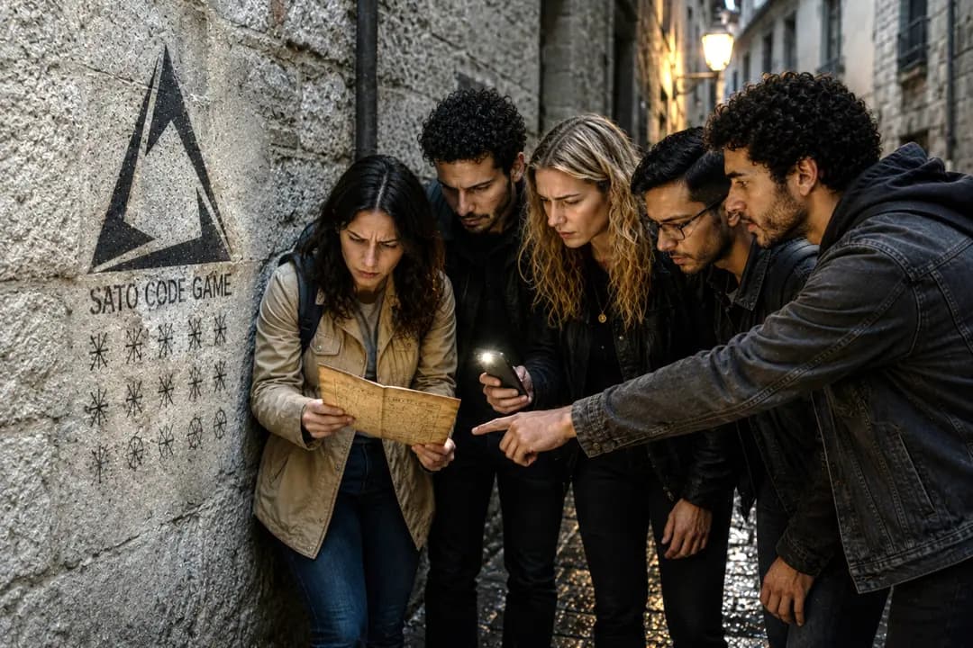 Corporate team building escape room — colleagues playing Sato Code outdoors