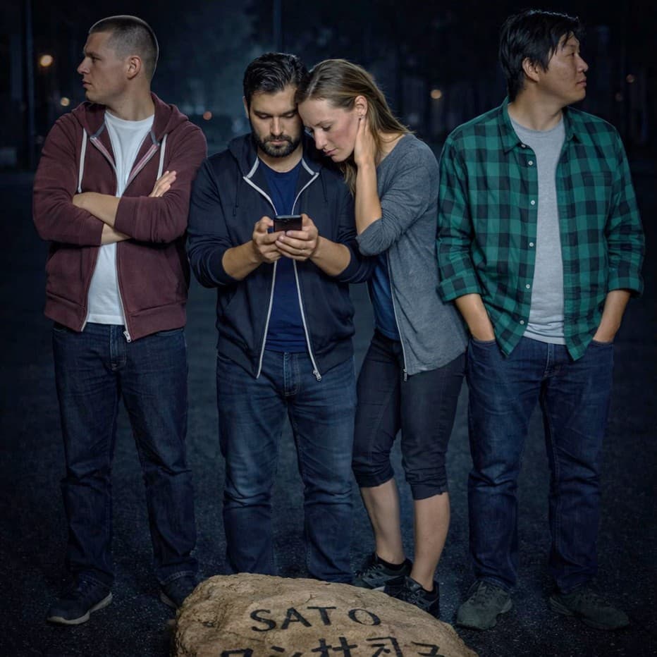 Group of players looking at a single smartphone while others stand aside during an outdoor escape game