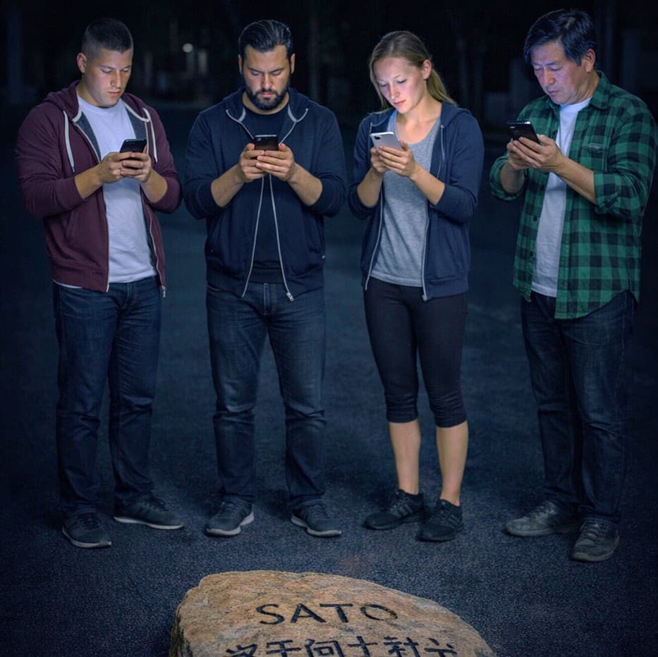 Group of players each looking at their own smartphone while playing an outdoor escape game