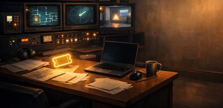 Desk with laptop and documents used to look up a Sato Code escape game ticket